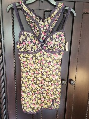 Blush Floral Lace-Trim Babydoll in Gray with Pink & Lime Accents